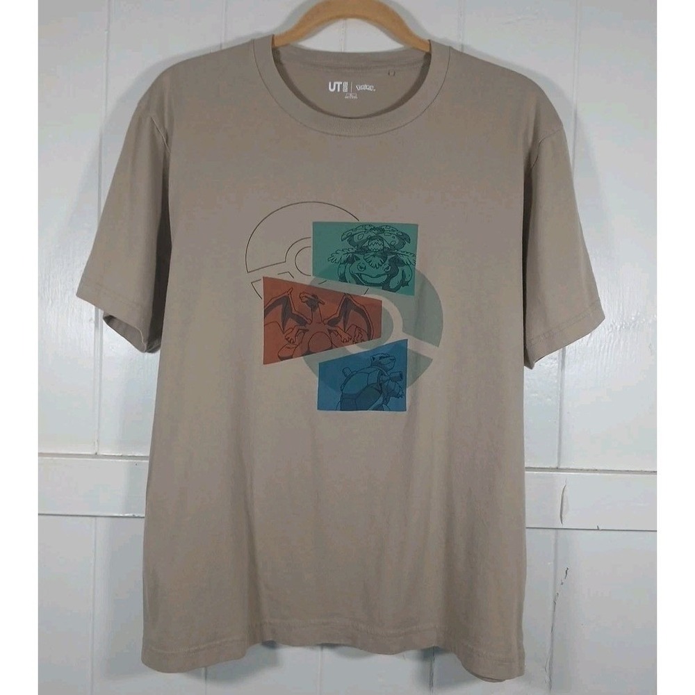 Uniqlo × Pokemon T-Shirt Charmander Venusaur Blastoise Men's XL Tan Cotton SS